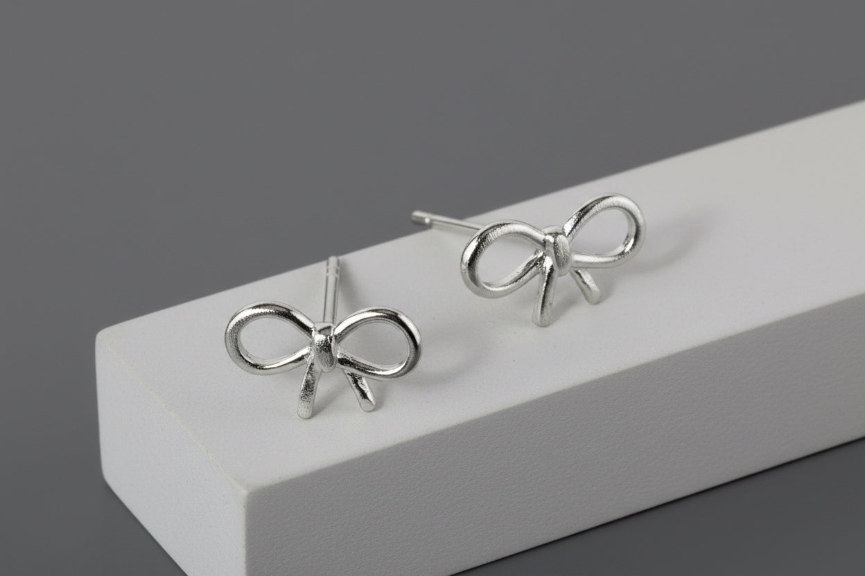 Silver Ribbon Bow Stud Earrings