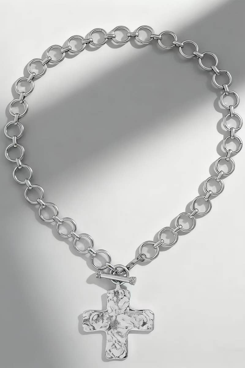 Silver Hammered Cross Toggle Necklace