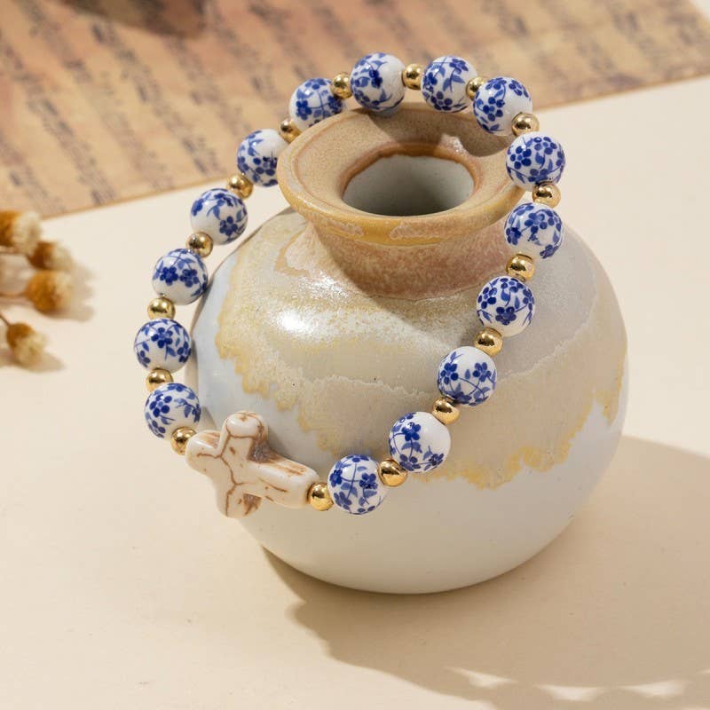 The Porcelain Cross Charm Stretch Bracelet