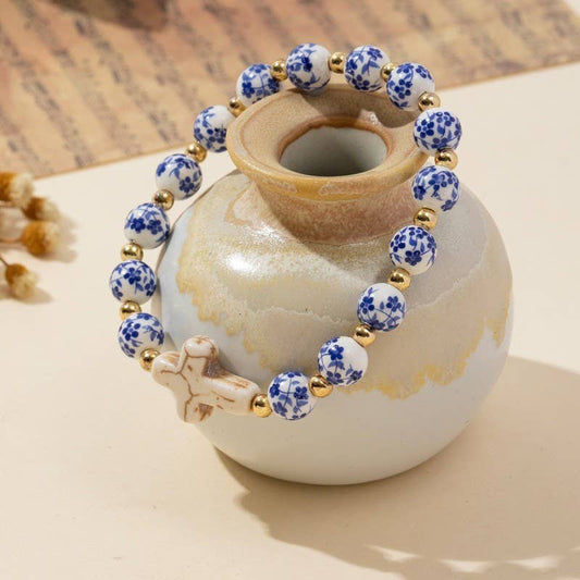 The Porcelain Cross Charm Stretch Bracelet