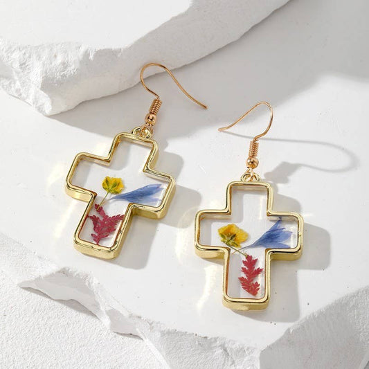 Vintage Dried Flower Cross Drop Earrings