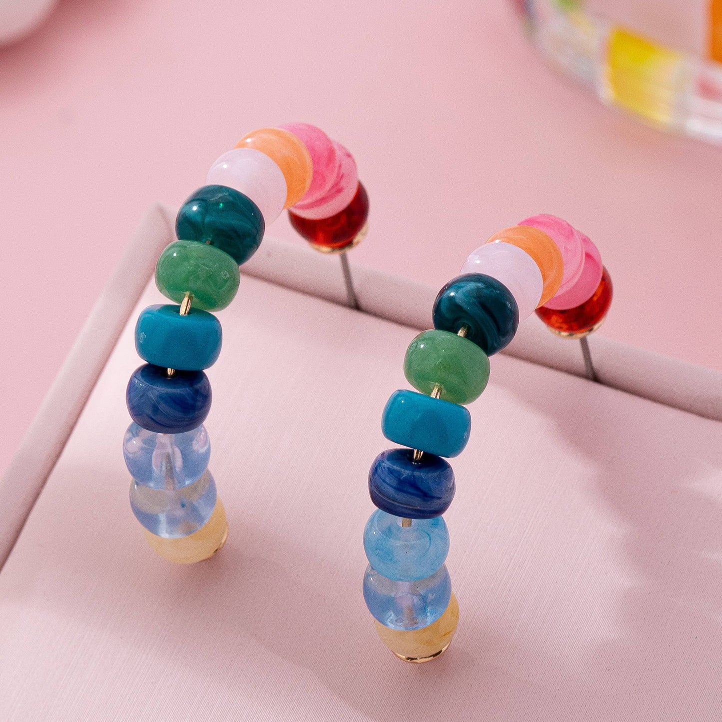Rainbow Beaded Half-Hoop Earrings