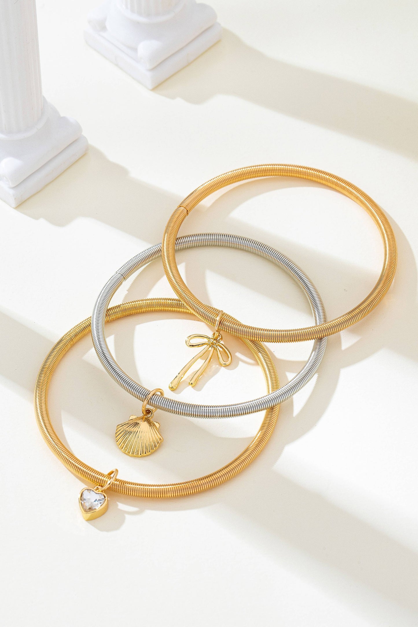Two-Tone Charm Coil Bracelet Set