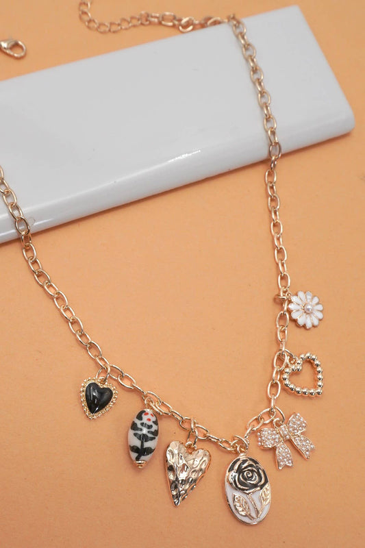 The Porcelain Floral Heart & Bow Charm Necklace