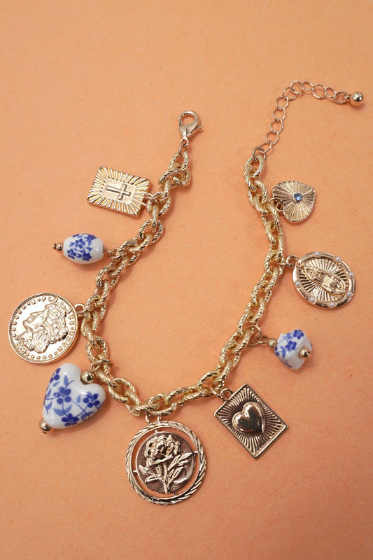 Blue Porcelain Coin, Cross & Heart Charm Bracelet
