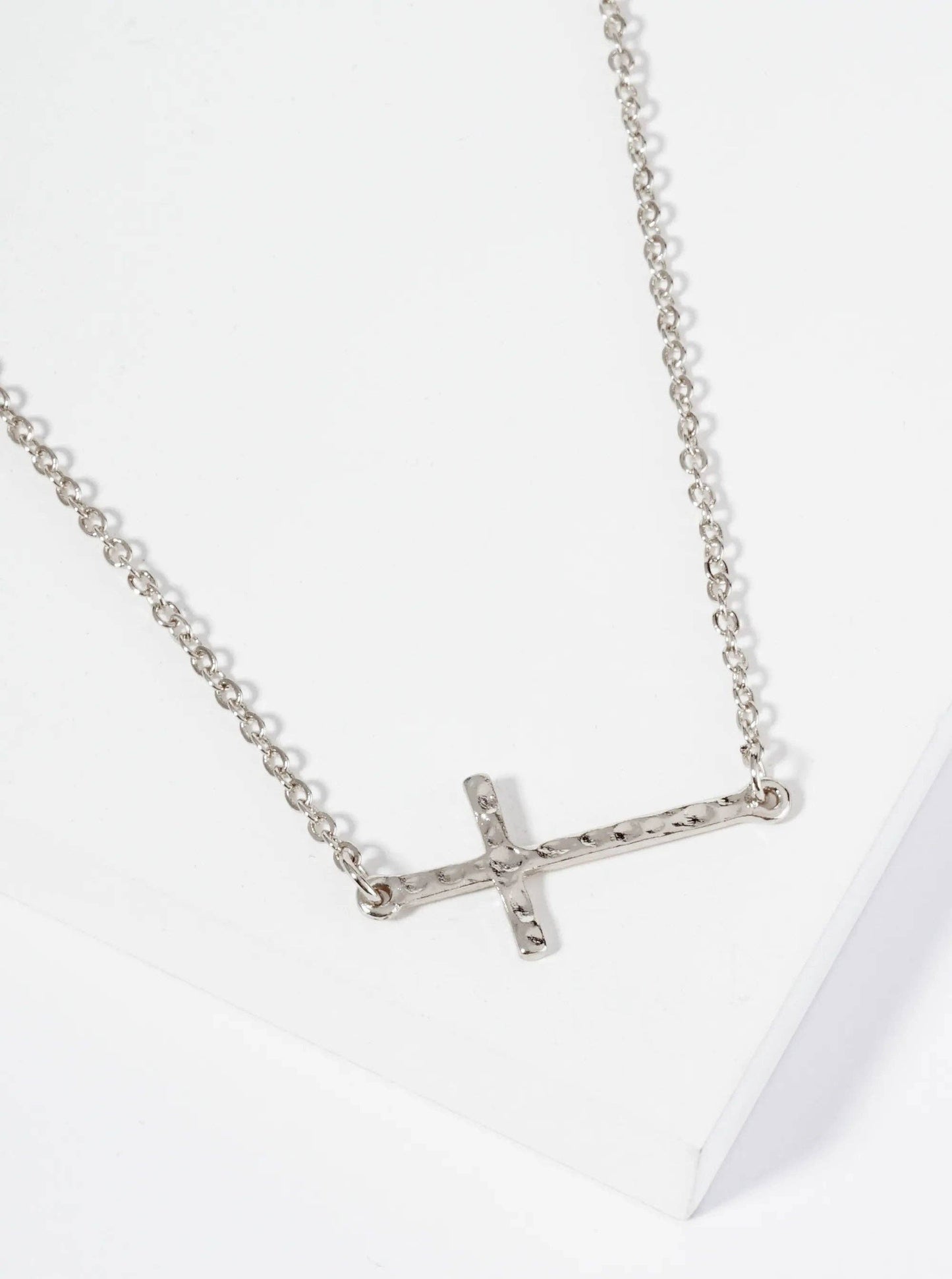 Silver Hammered Sideways Cross Necklace