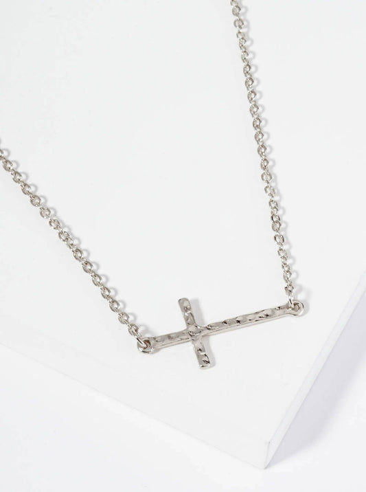 Silver Hammered Sideways Cross Necklace