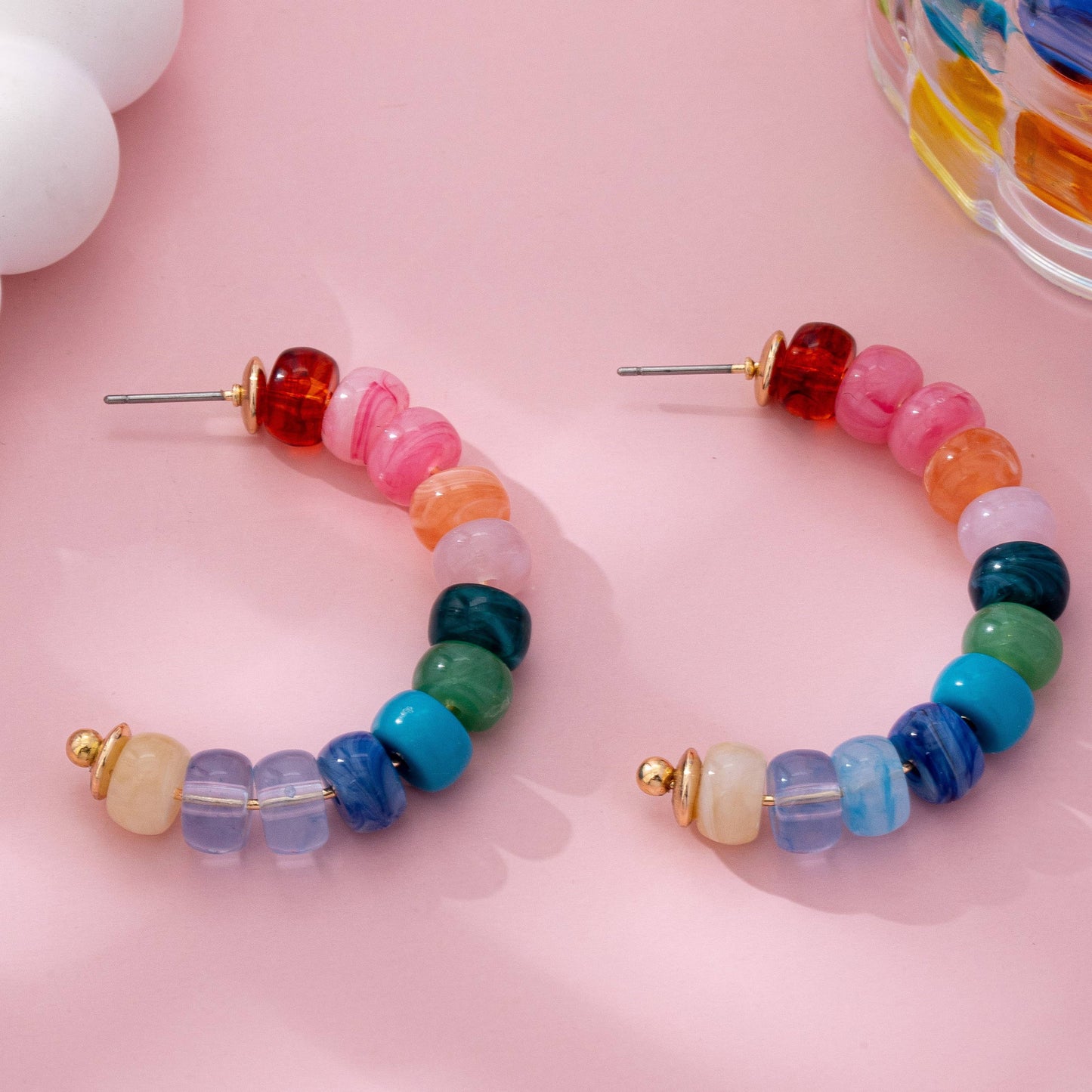 Rainbow Beaded Half-Hoop Earrings