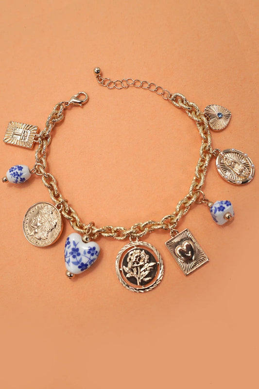 Blue Porcelain Coin, Cross & Heart Charm Bracelet