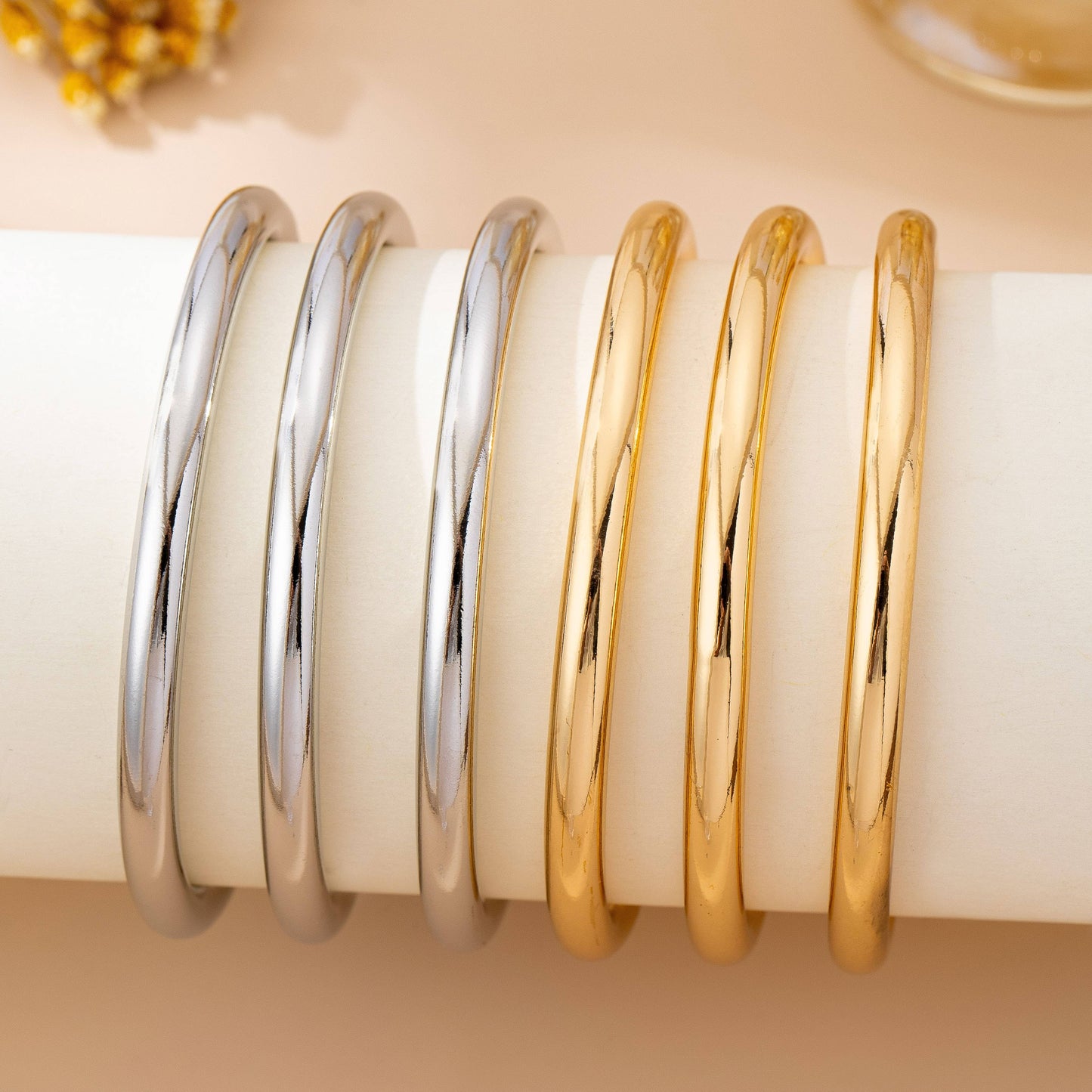 Chunky Triple Tube Bangle Set – Gold & Silver