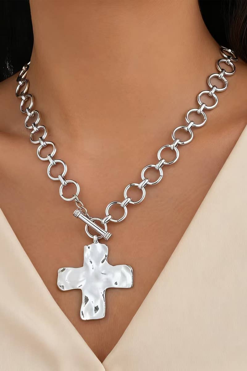 Silver Hammered Cross Toggle Necklace