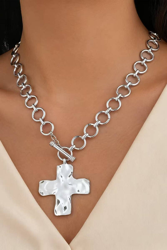 Silver Hammered Cross Toggle Necklace