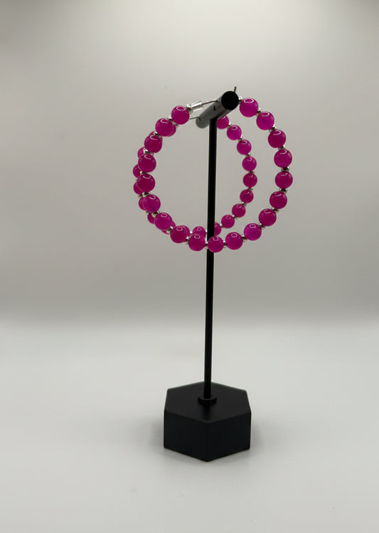 Fuchsia Glass Beaded Hoop Earrings