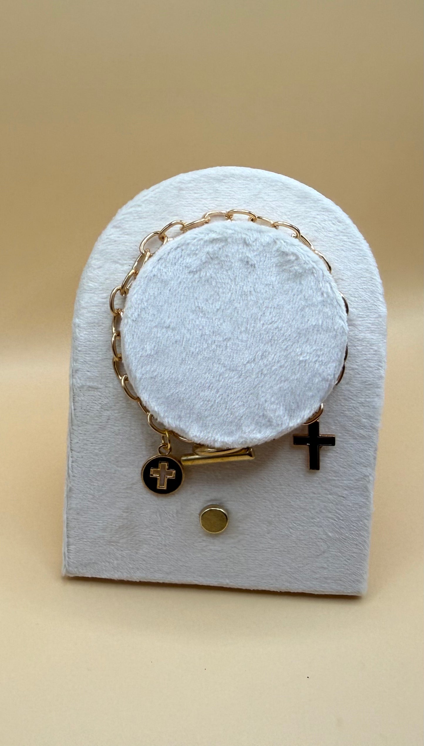 Gold Toggle Cross & Disc Charm Bracelet