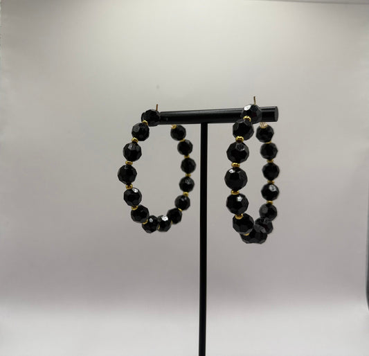 Black & Gold Beaded Hoop Earrings — 50mm