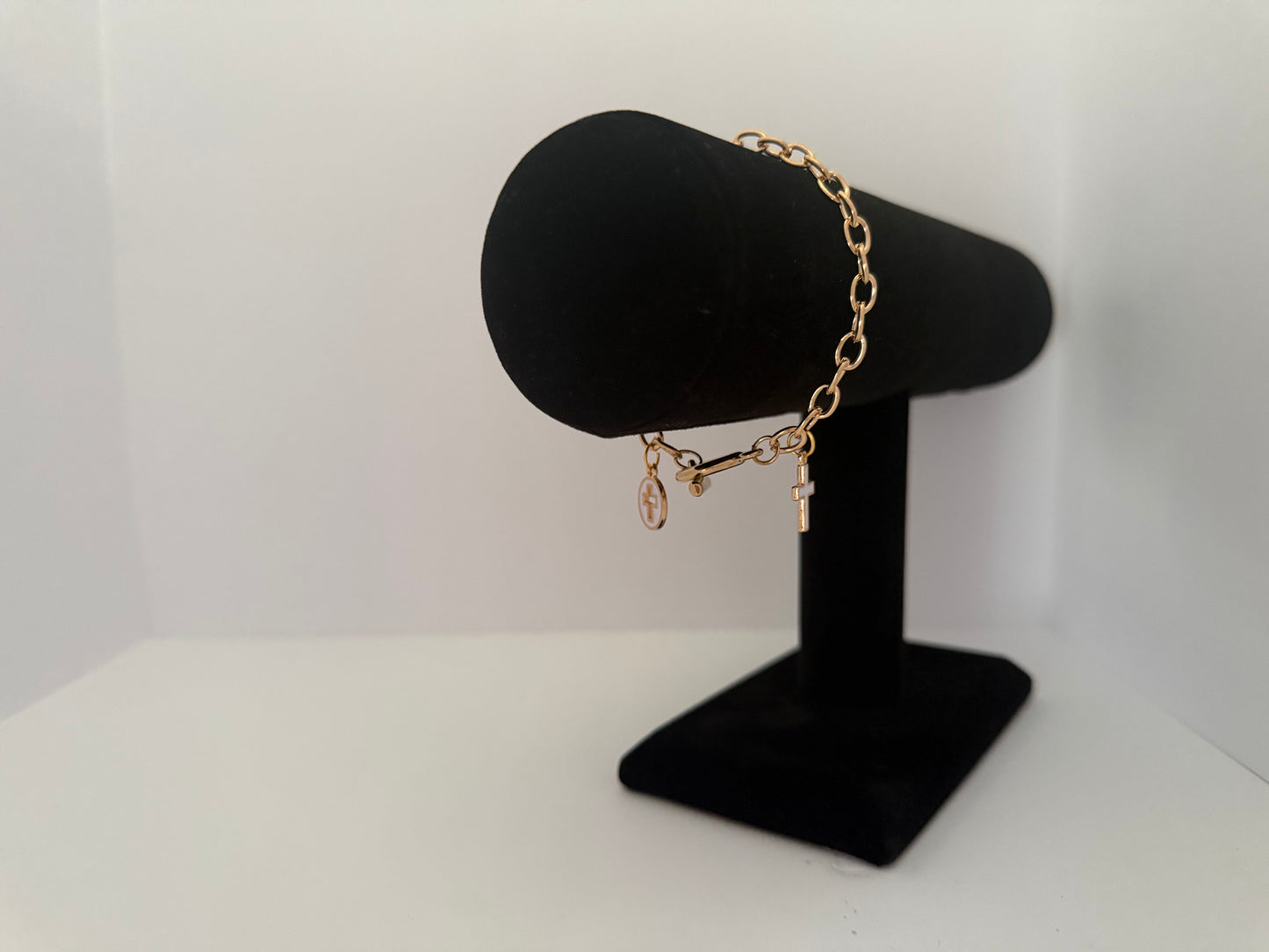 Gold Toggle Cross & Disc Charm Bracelet
