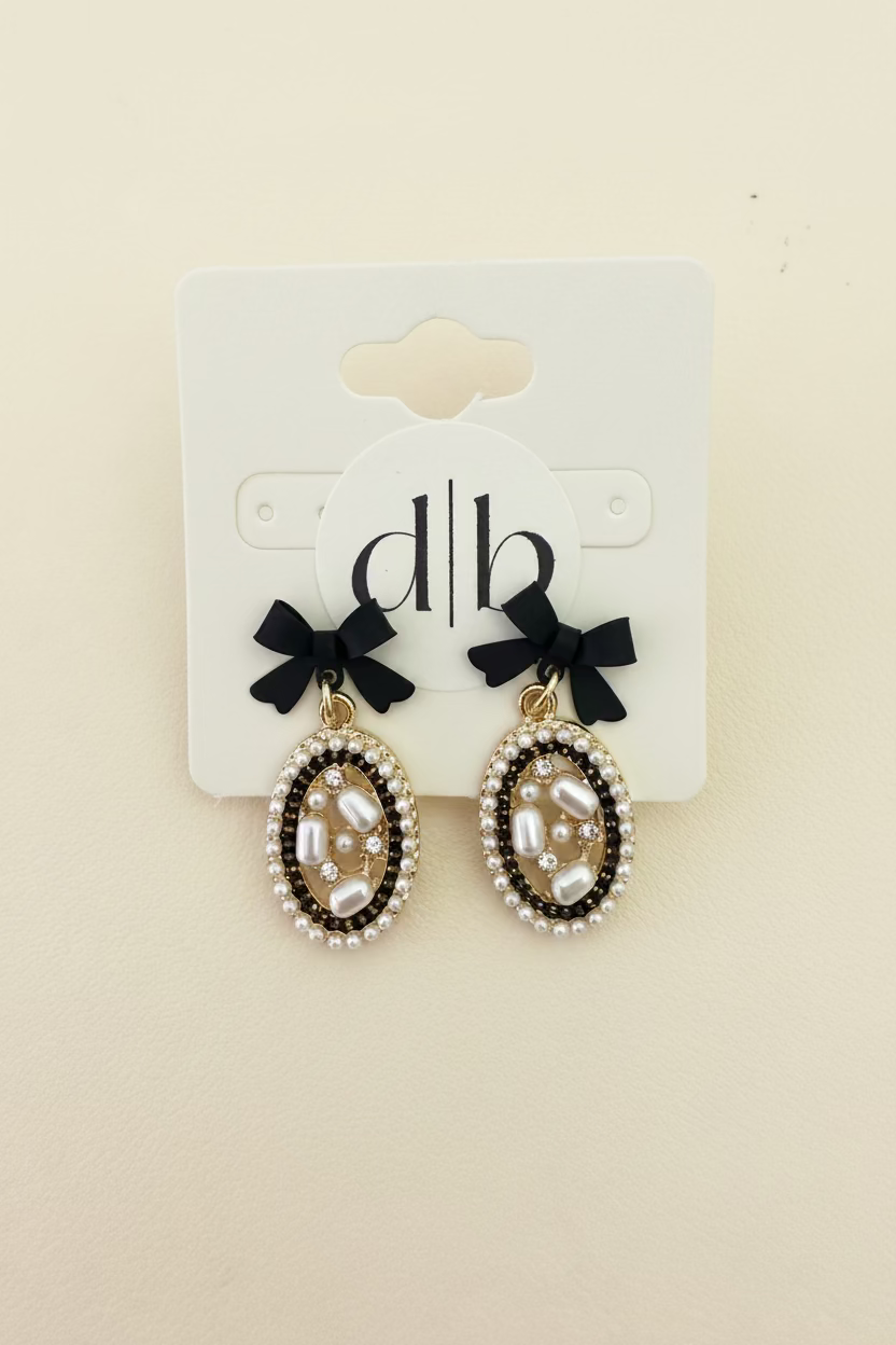 Black Bow Pearl Cameo Drop Earrings