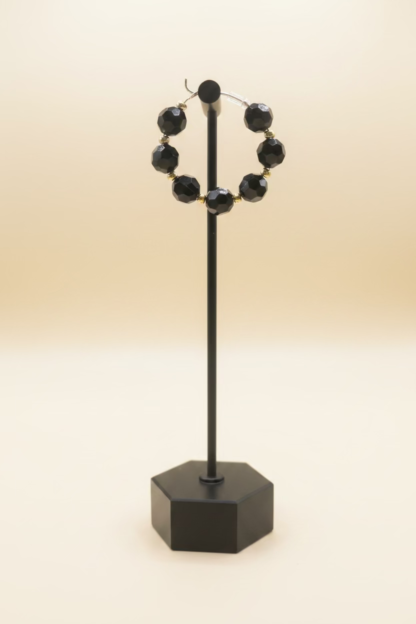 Black Faceted Bead & Silver Hoop Earrings