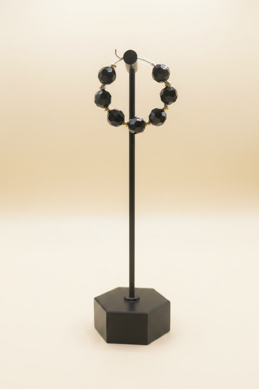 Black Faceted Bead & Silver Hoop Earrings