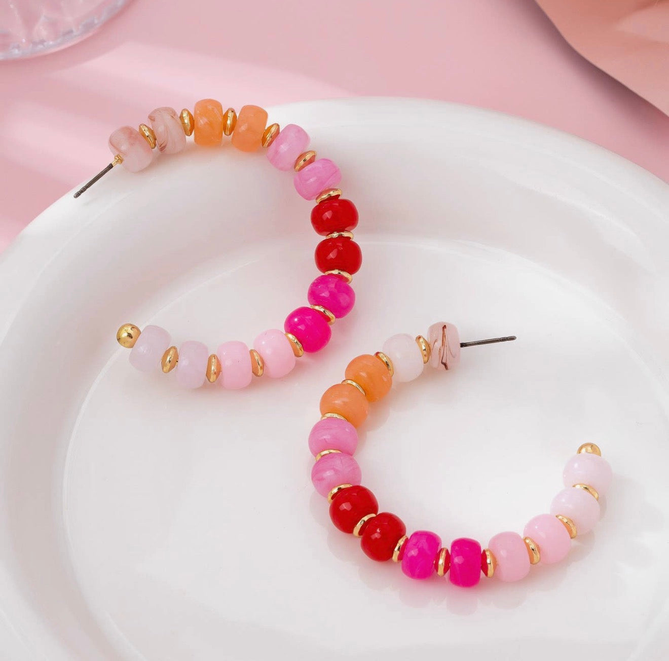 Pink Beaded Half-Hoop Earrings