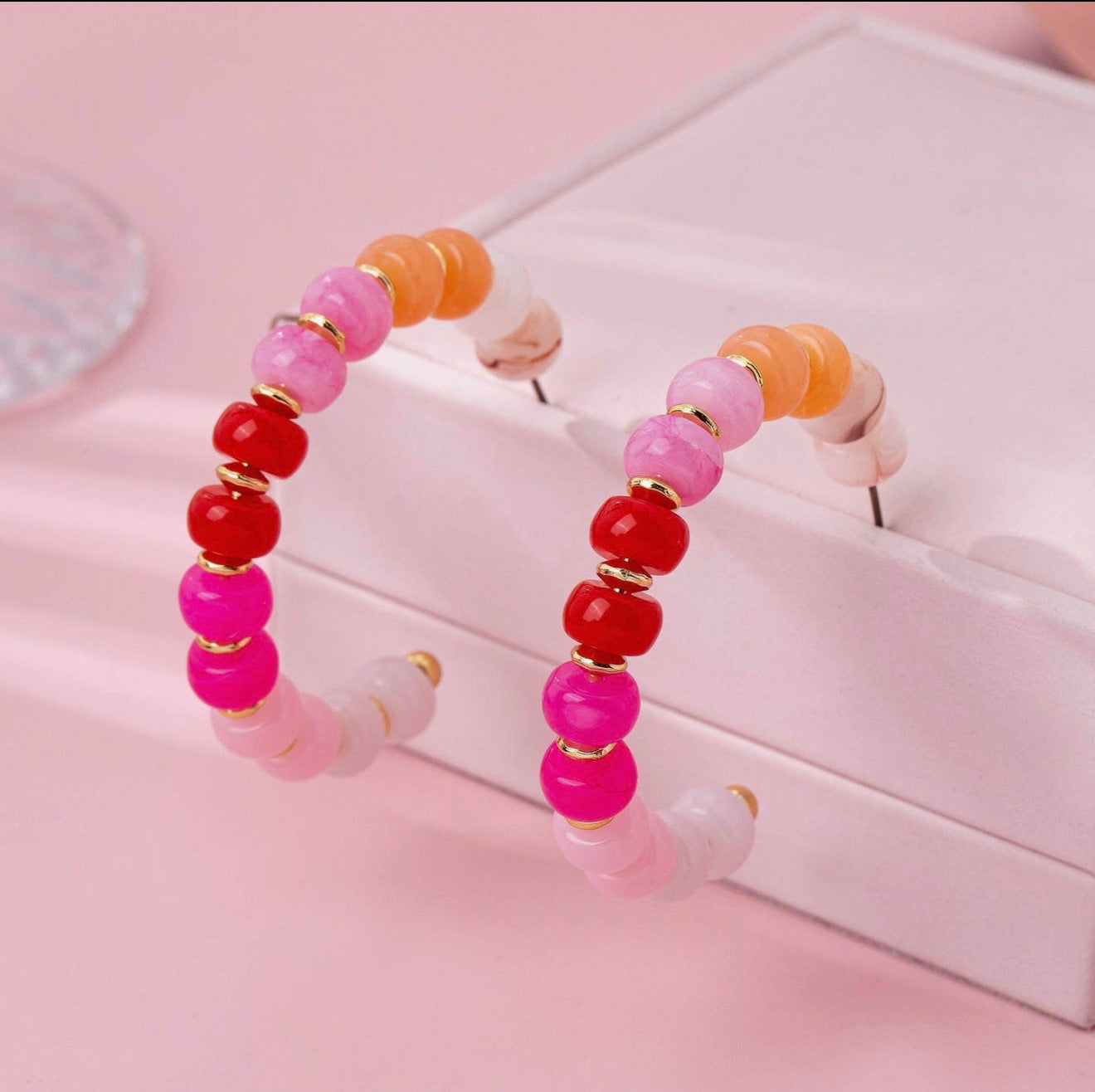 Pink Beaded Half-Hoop Earrings