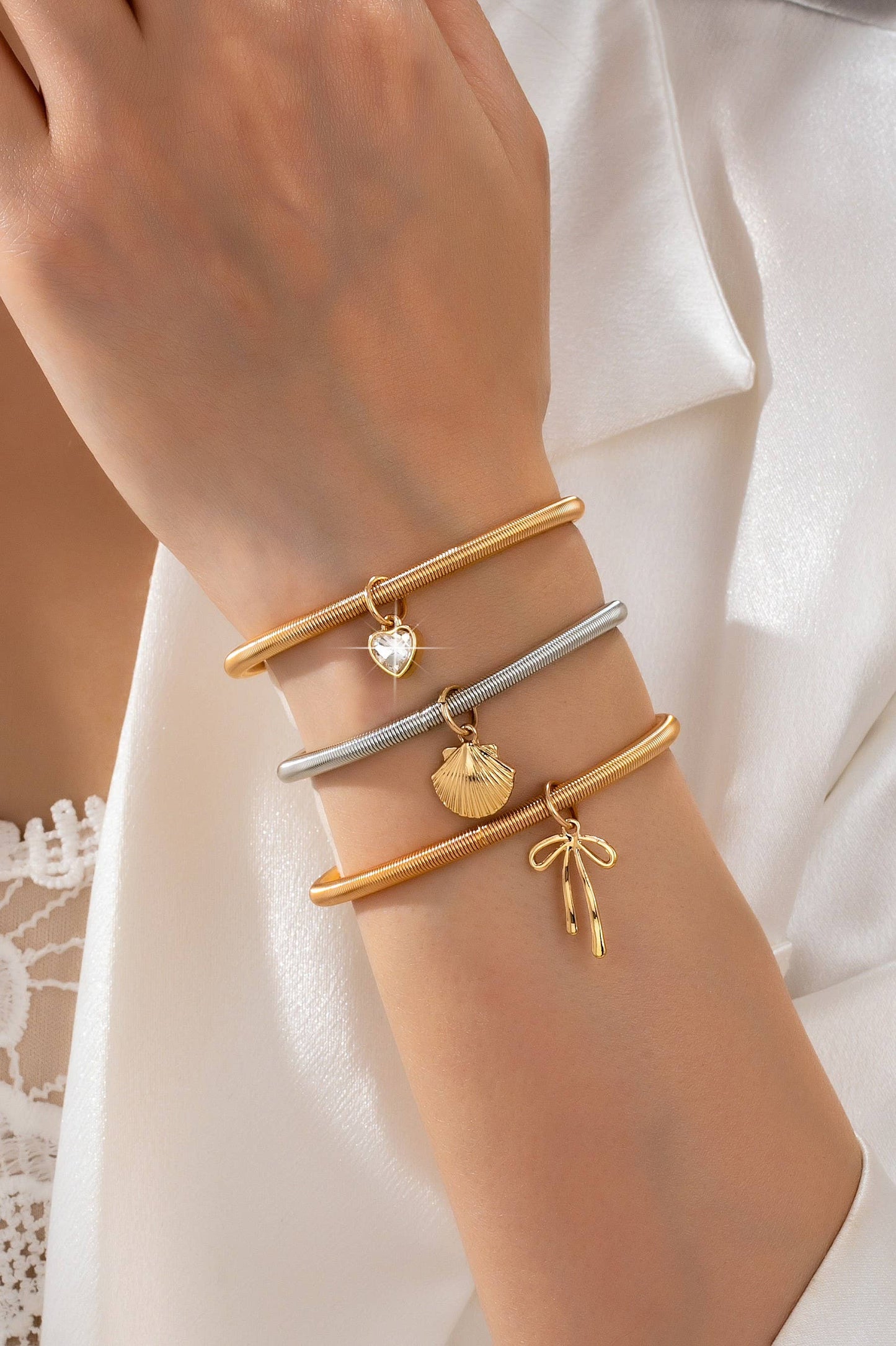 Two-Tone Charm Coil Bracelet Set