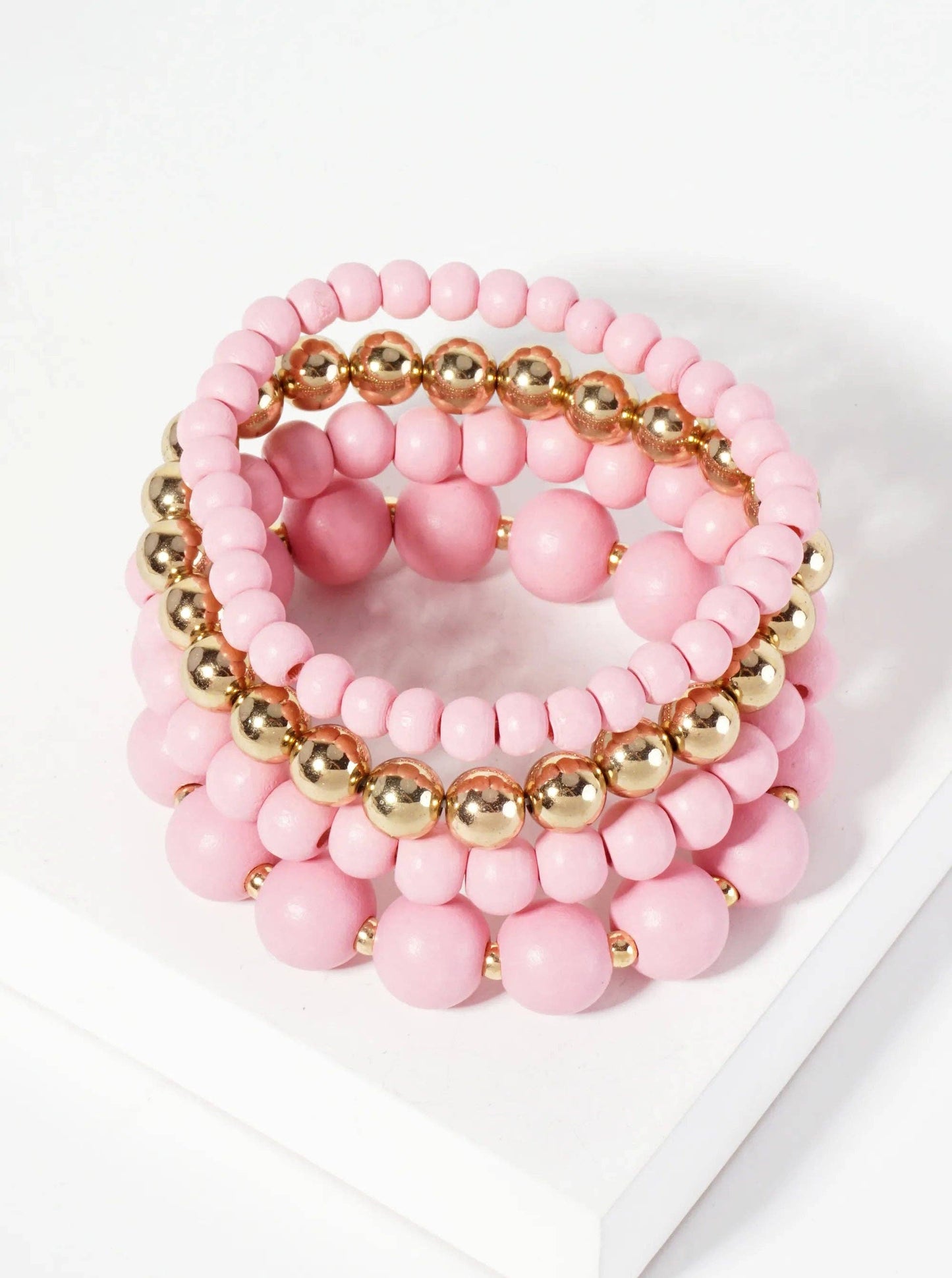 Wood & Metallic Bead Stackable Stretch Bracelets | Set of 4