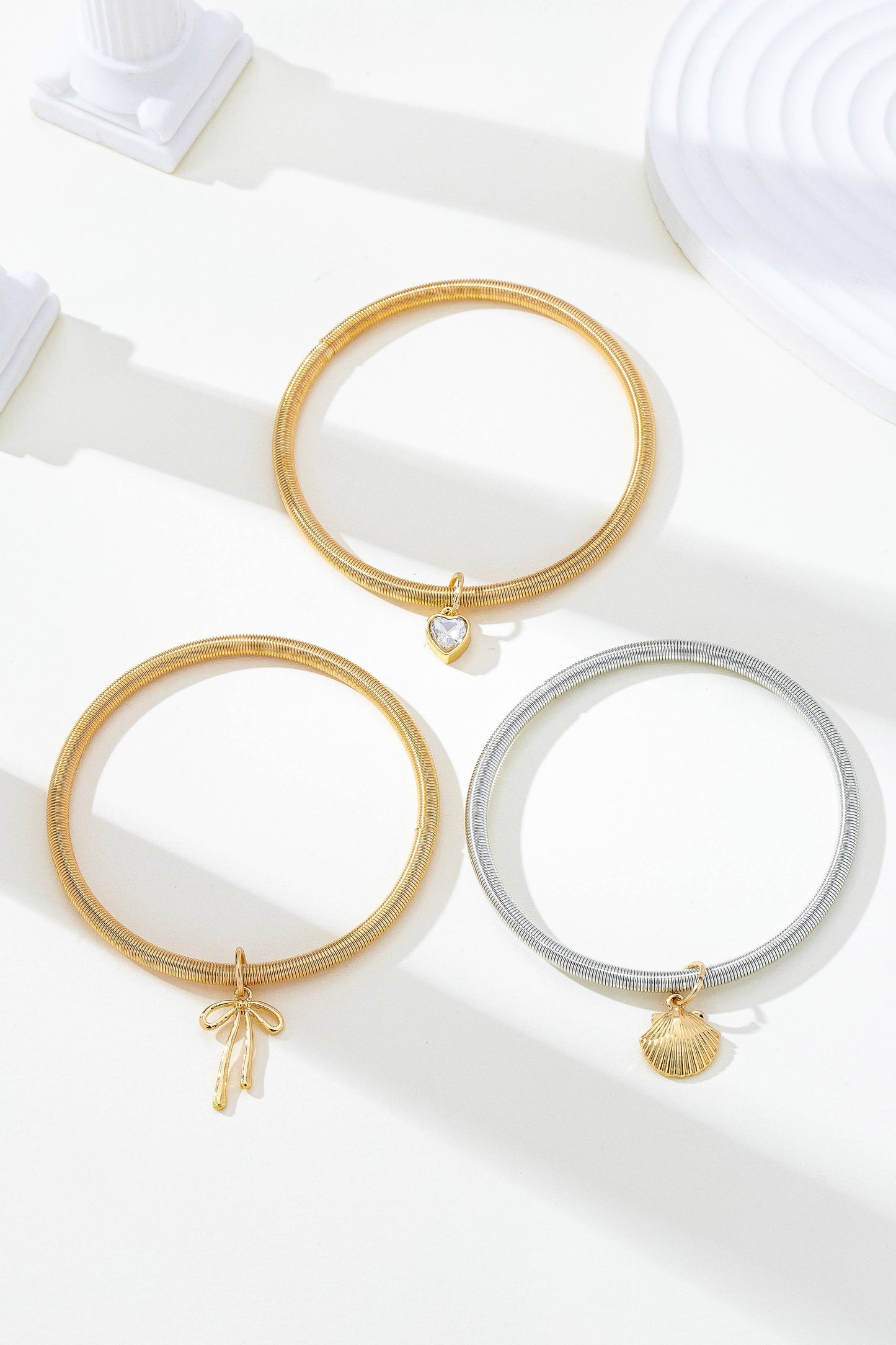 Two-Tone Charm Coil Bracelet Set