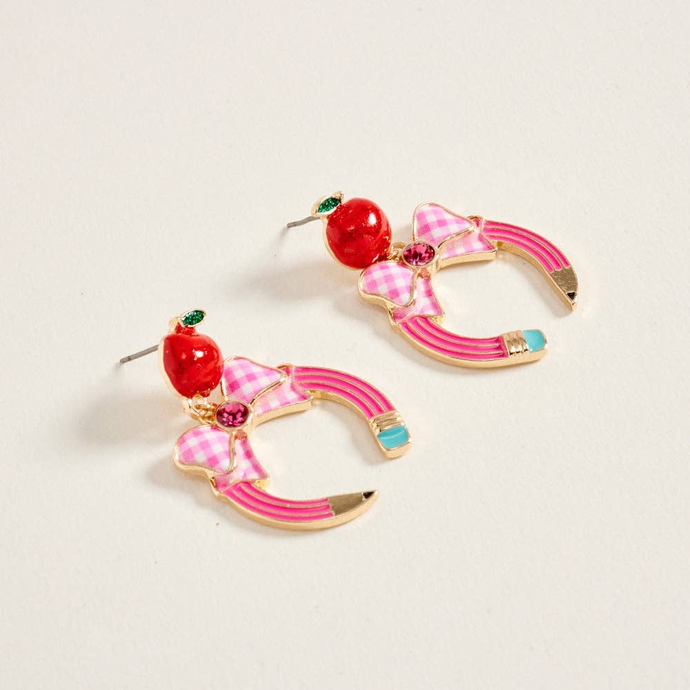 Horseshoe Pencil Bow Ribbon Apple Stone Earrings