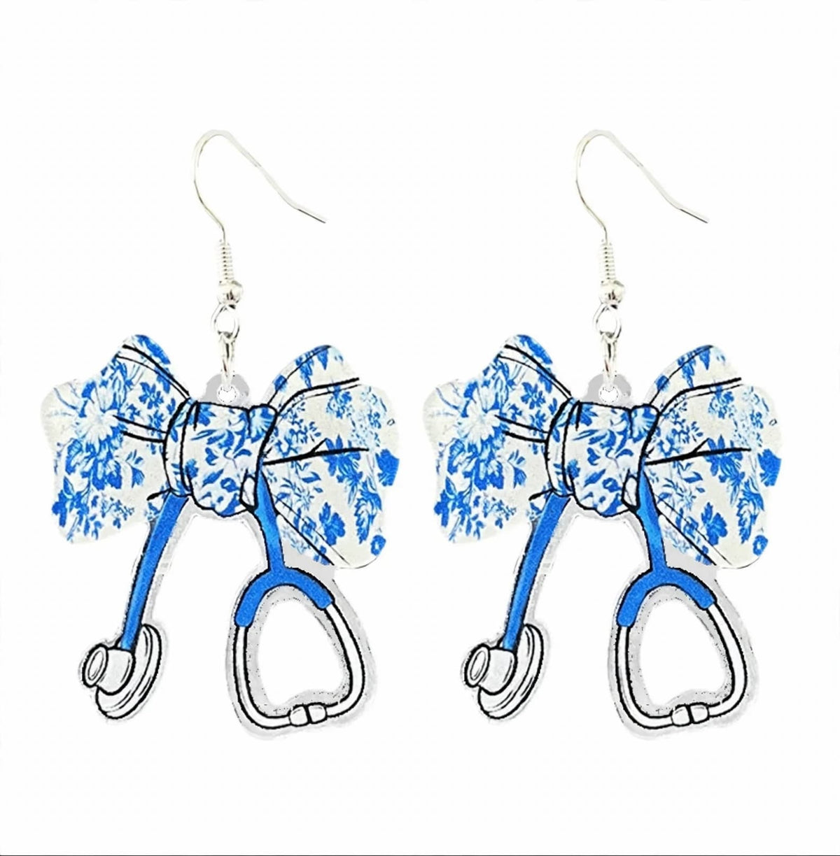 Blue Floral Bow acrylic stethoscope earrings with blue-and-white floral bows and alloy hooks