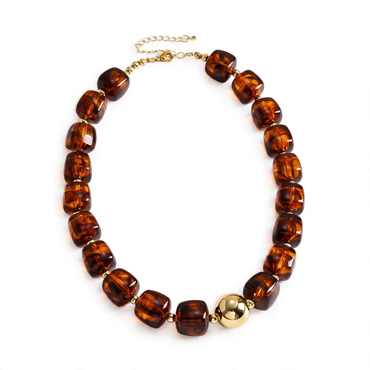 Gold color amber-brown chunky bead necklace with gold-tone focal accent