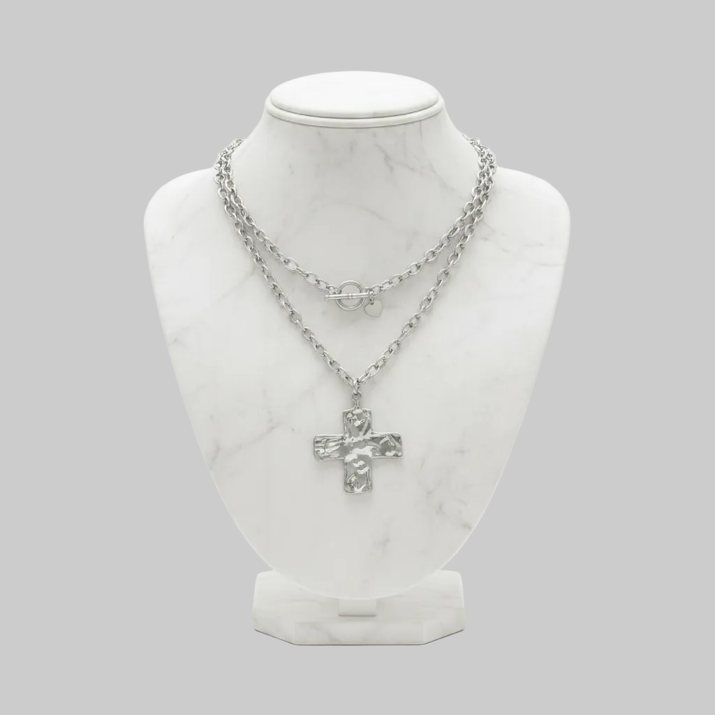 Silver Layered Cross Toggle Necklace