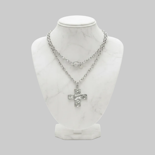 Silver Layered Cross Toggle Necklace