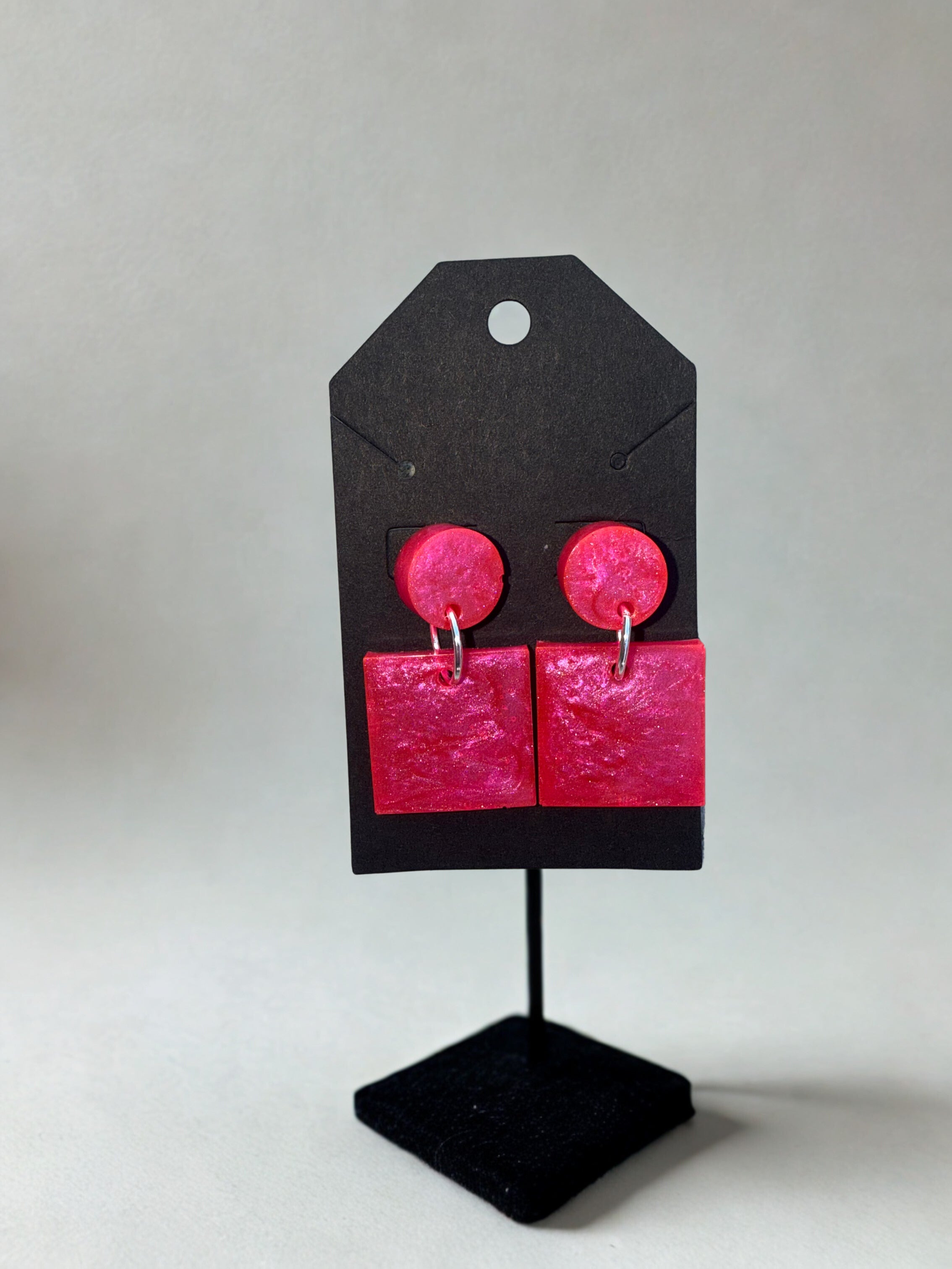Hot Pink Circle and Square Drop Earrings