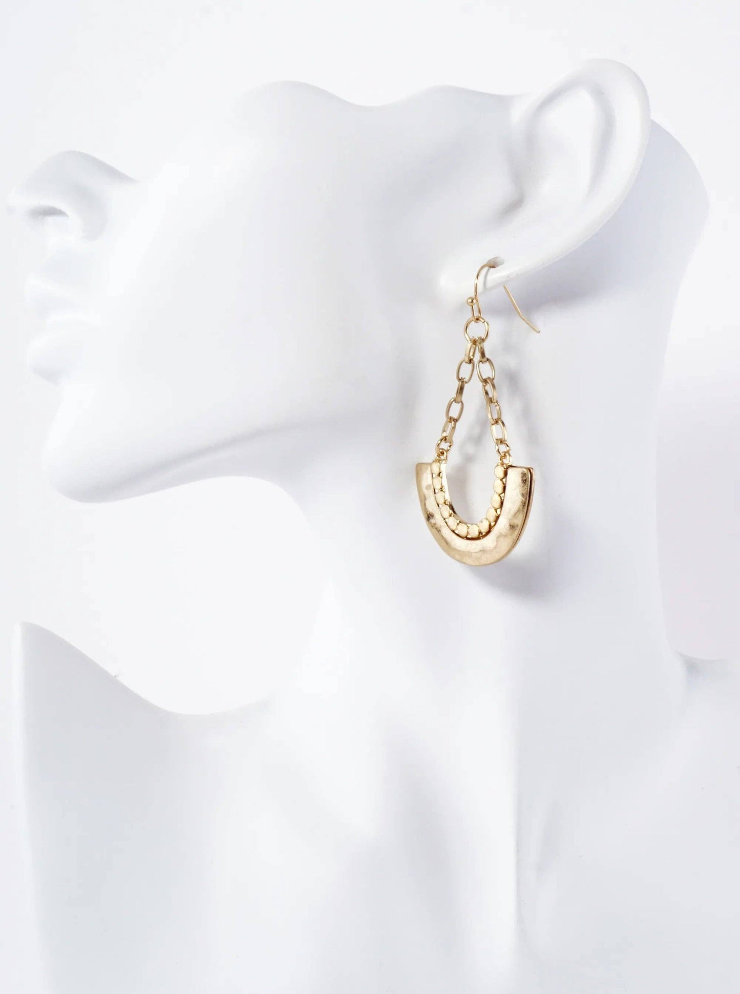 Worn Gold Hammered U-Shape Chain Drop Earrings