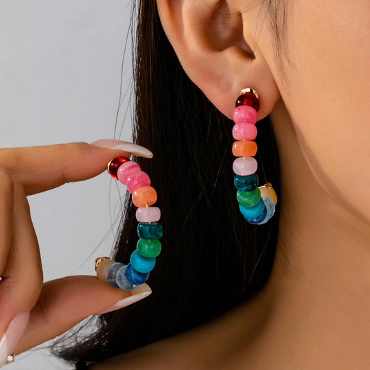 Rainbow Beaded Half-Hoop Earrings