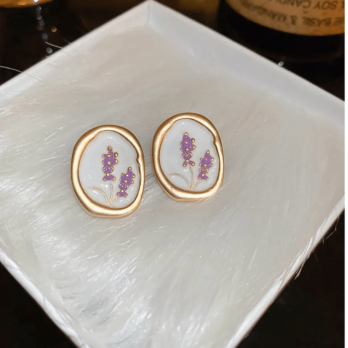 Lavender Enamel Stud Earrings | Vintage French Court Style Floral Studs