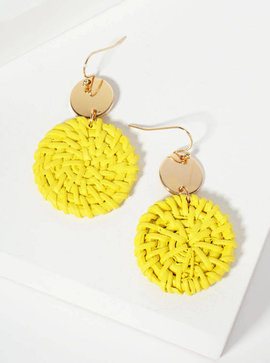 Yellow Rattan Circle Drop Earrings
