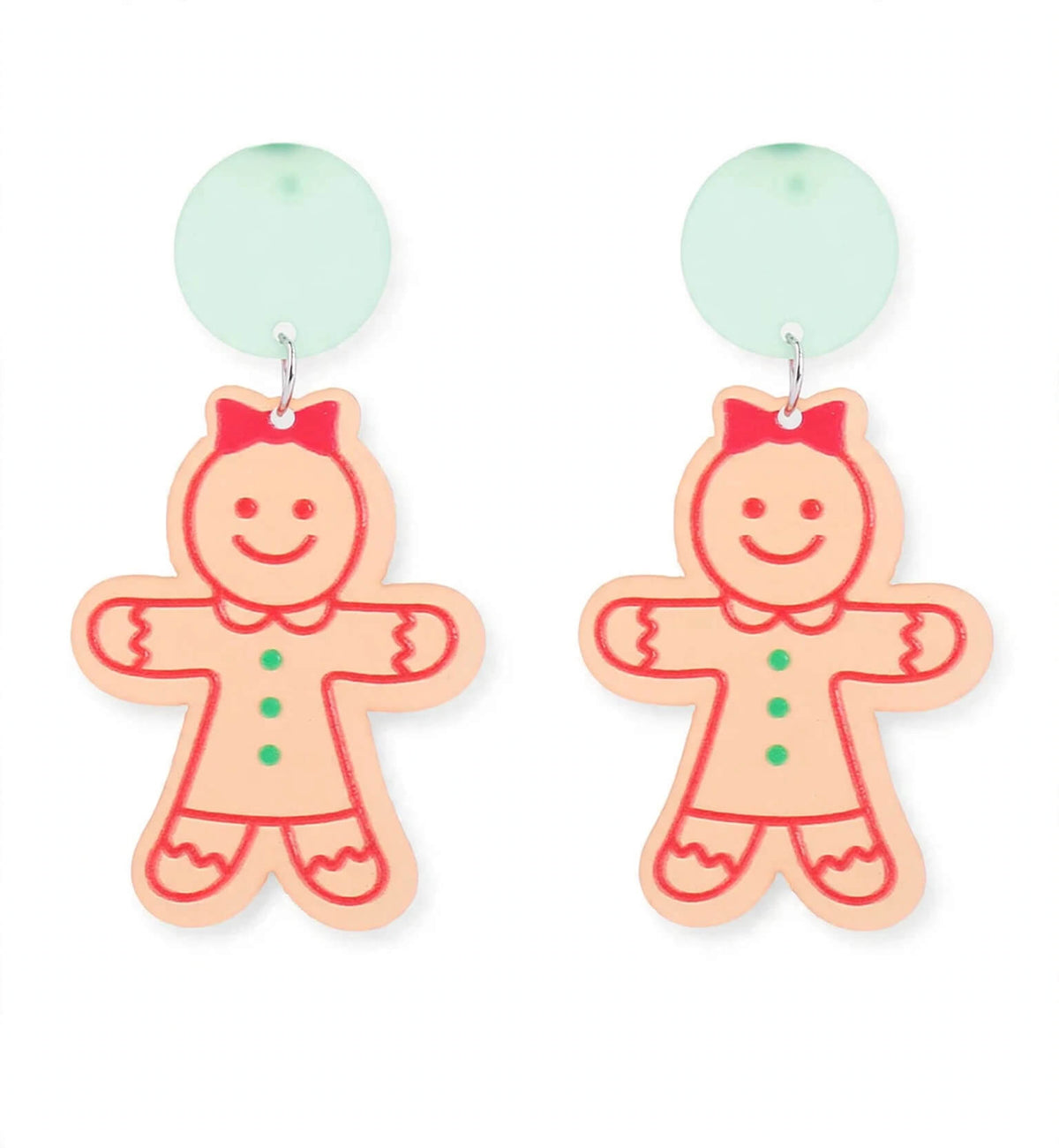 Gingerbread with Bow acrylic earrings with red bows and pale green round tops