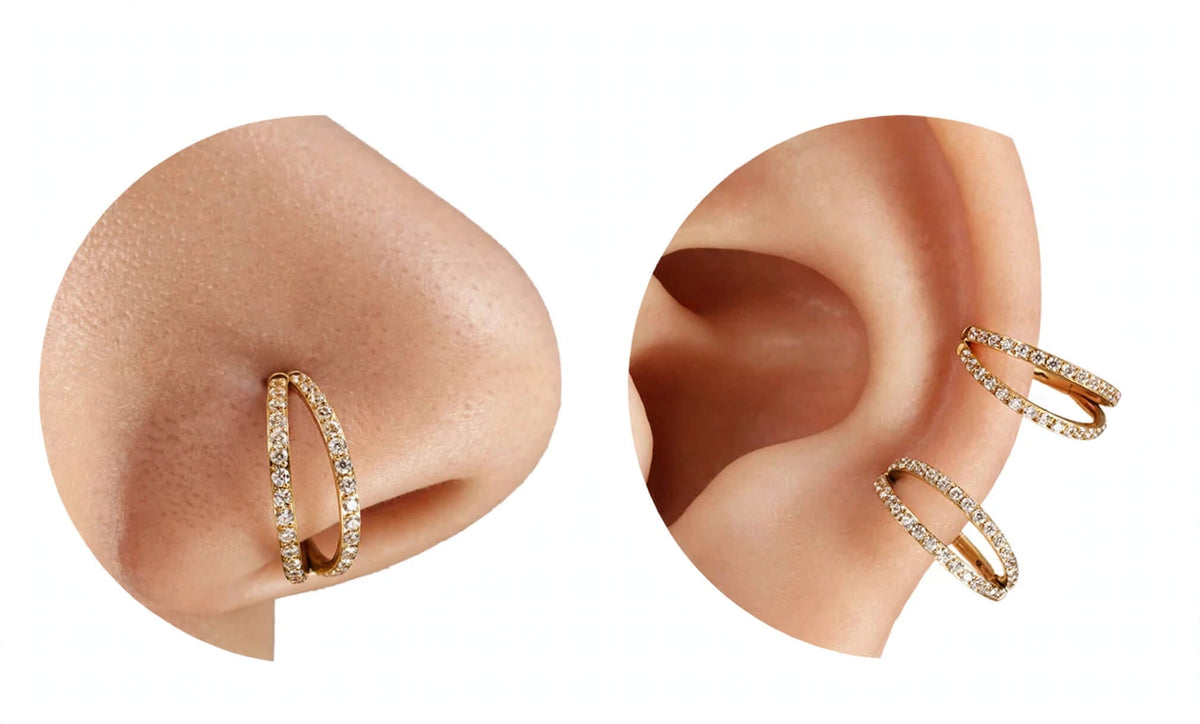 Zirconia-inlaid double hoop shown worn on the nose and ear