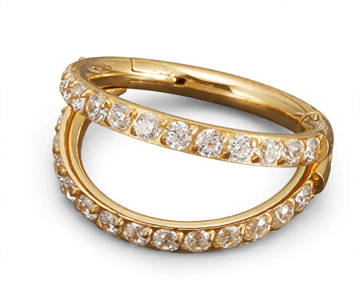 Gold-tone double-layer hoop with clear zirconia inlay