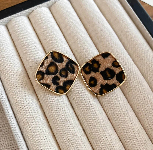 The Wild Duo Collection - Flocked Leopard Studs | Gold Square & Black Clover