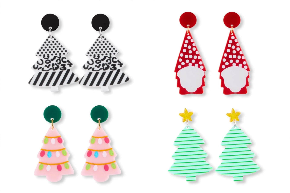 Red and white acrylic Christmas gnome drop earrings with polka-dot hats and red round tops