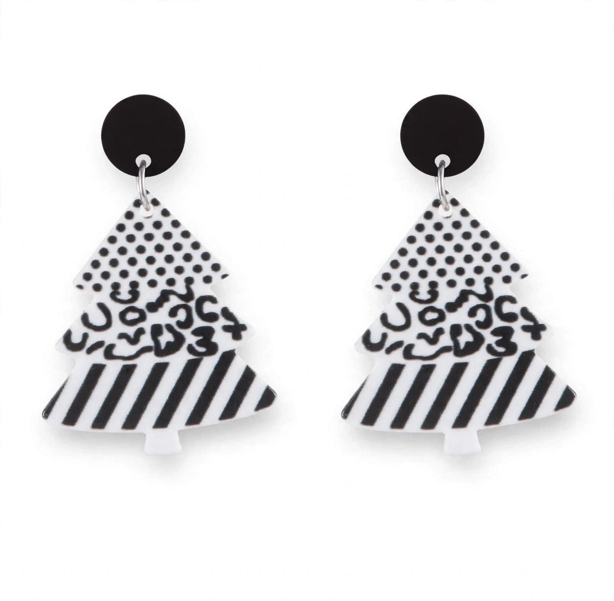 Pale mint and green striped acrylic Christmas tree earrings with gold-colored star tops