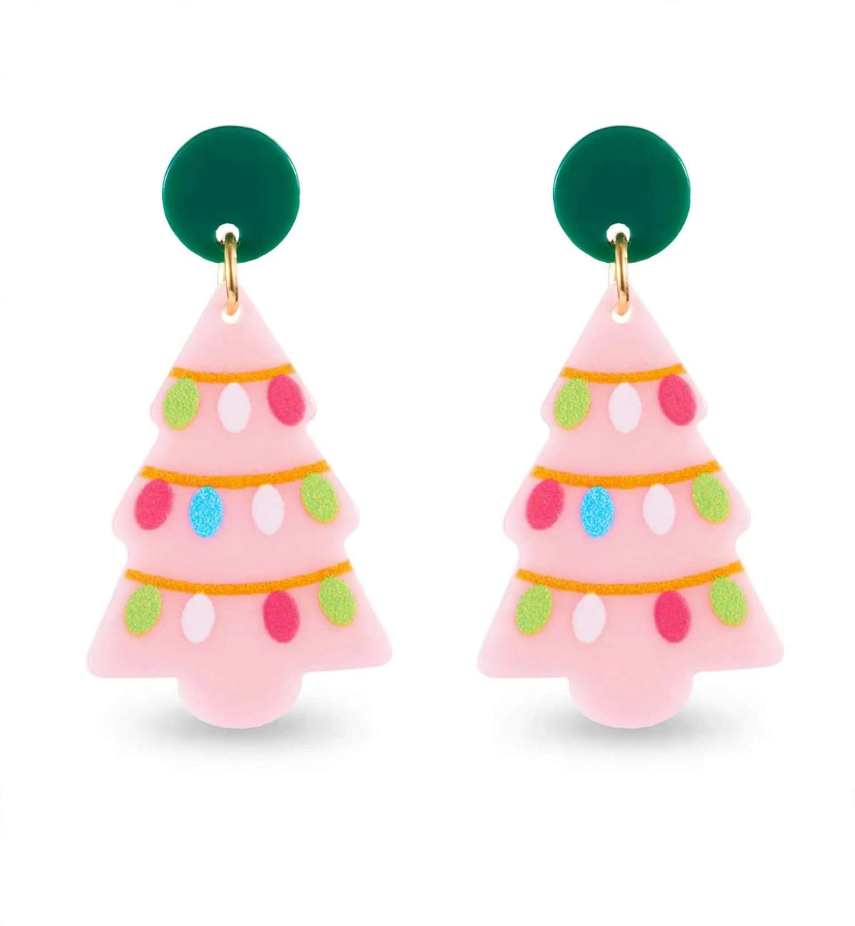 Four acrylic Christmas earring designs: black and white tree, red gnome, pink lighted tree, and mint striped tree
