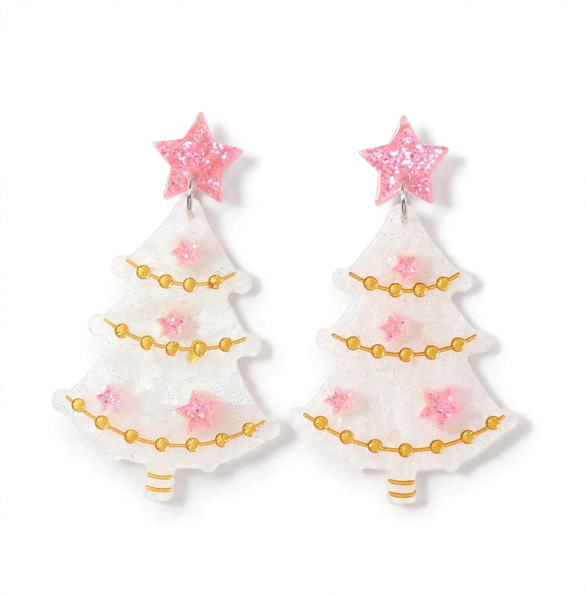 Pink and white acrylic Christmas tree drop earrings with pink glitter star studs and gold garland accents