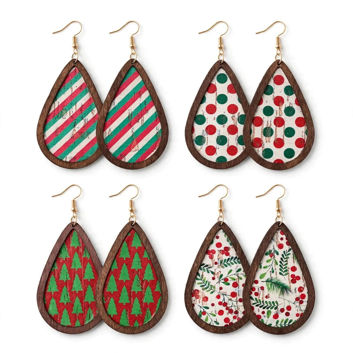 Red and green polka dot wood leatherette teardrop earrings