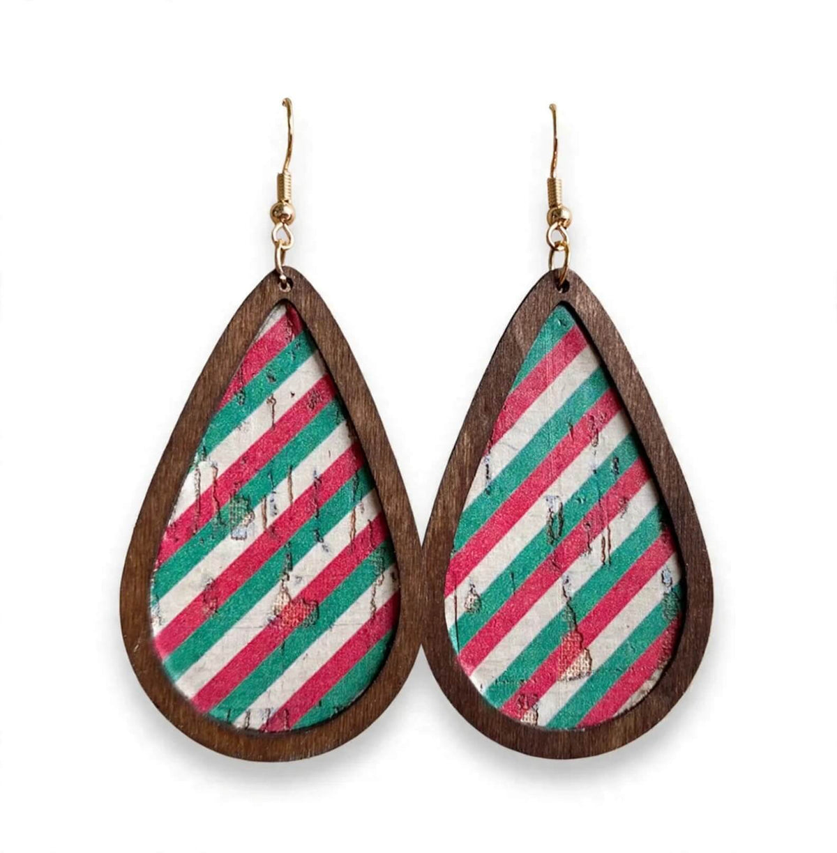 Christmas botanical holly berry wood leatherette teardrop earrings