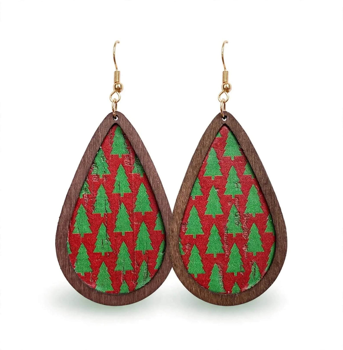 Pink teal diagonal stripe wood leatherette teardrop earrings
