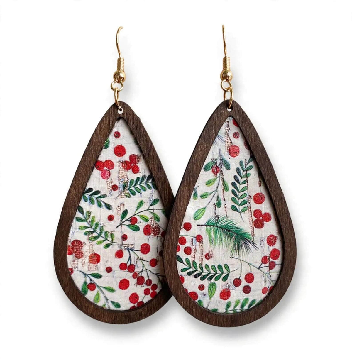 Christmas tree pattern wood leatherette teardrop earrings